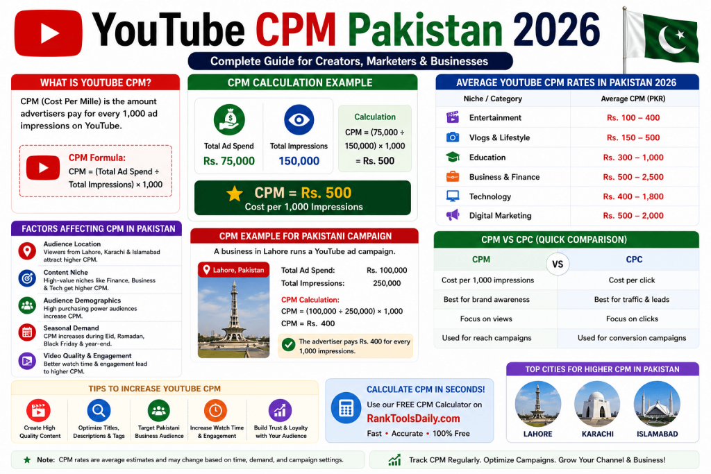 YouTube CPM Pakistan 2026 infographic showing CPM calculation example, average CPM rates, and factors affecting YouTube advertising costs in Pakistan.