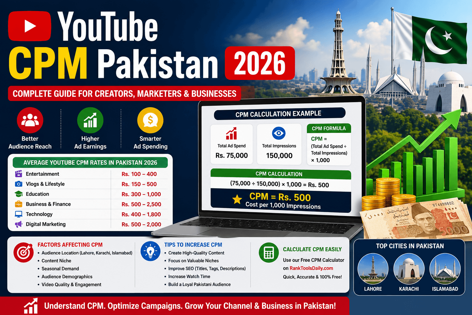 YouTube CPM Pakistan 2026 featured image showing CPM rates, CPM calculation example, and YouTube advertising insights for Pakistani creators and businesses.
